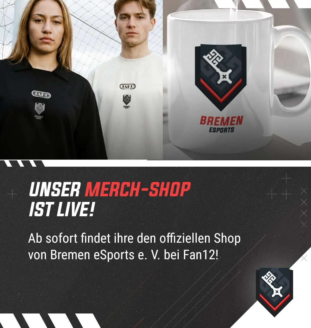 Collage mit Bremen eSports Merch-Artikeln und Hinweis auf den neuen Fan12 Shop